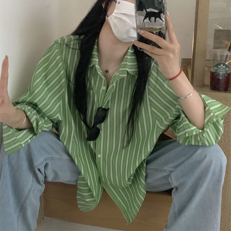 Áo Khoác Sơ Mi Cardigan Tay Dài Dáng Rộng Họa Tiết Kẻ Sọc Thiết Kế Mới Thời Trang Cho Nữ