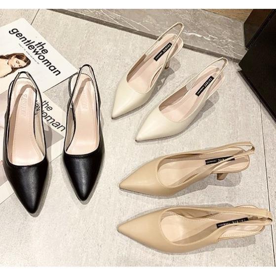 sale 12-12 Giày sục Mule cao gót quai hậu bít mũi nhọn da trơn công sở