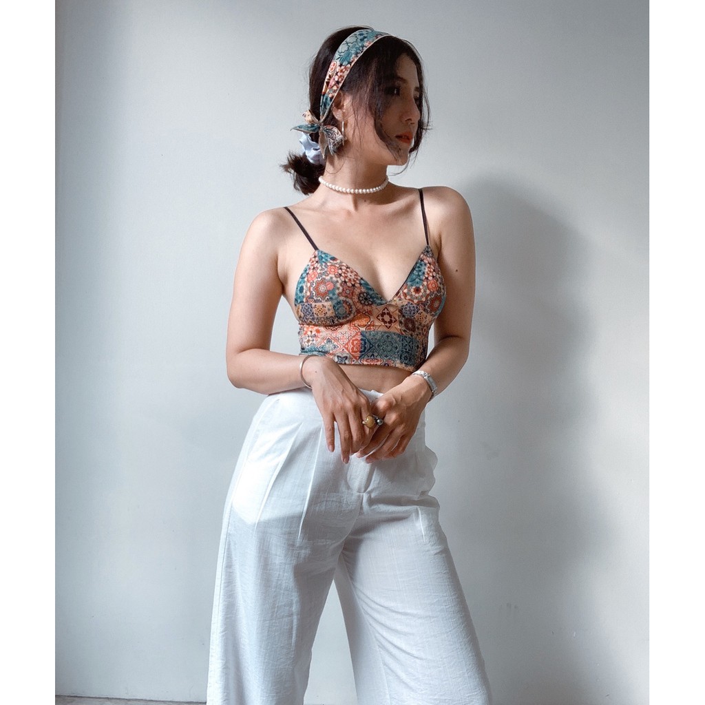 [Mã FASHIONMALLT4 giảm 15% đơn 150k] Áo toplette lụa có mút mỏng không gọng họa tiết vintage COKIM7 | BigBuy360 - bigbuy360.vn