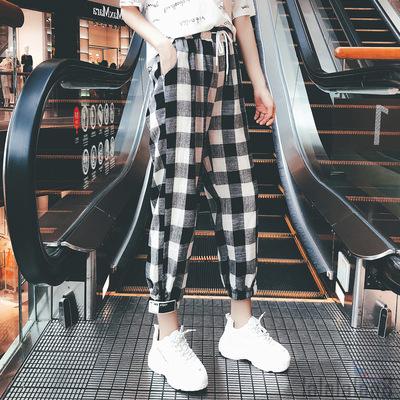 LAA8-Female Trousers, Women’ s Plaid High Waist Long Harem Pants with Drawstring for Spring Summer, S/M/L/XL/XXL