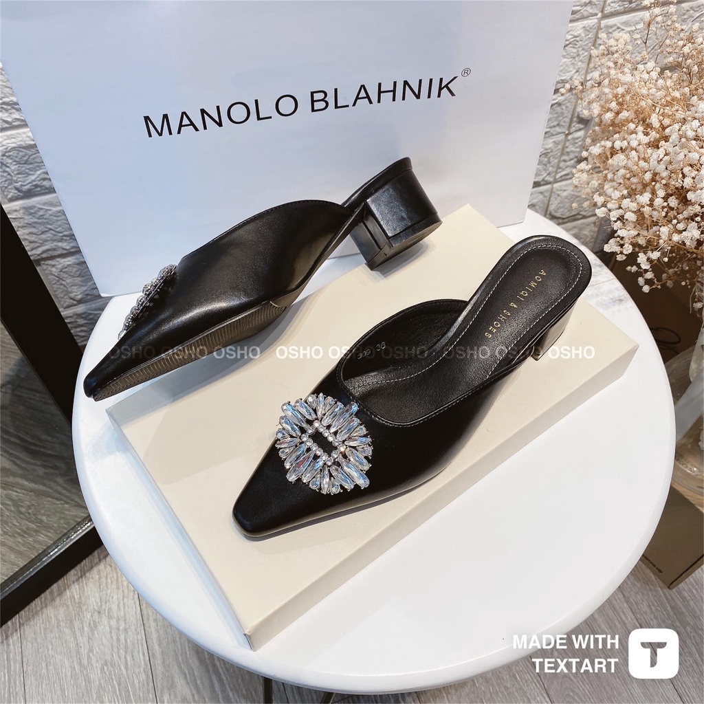 Sục cao gót nơ đá đế vuông cao cấp 4cm OSHO, thiết kế mũi nhọn, chất da mềm sang trọng, êm chân