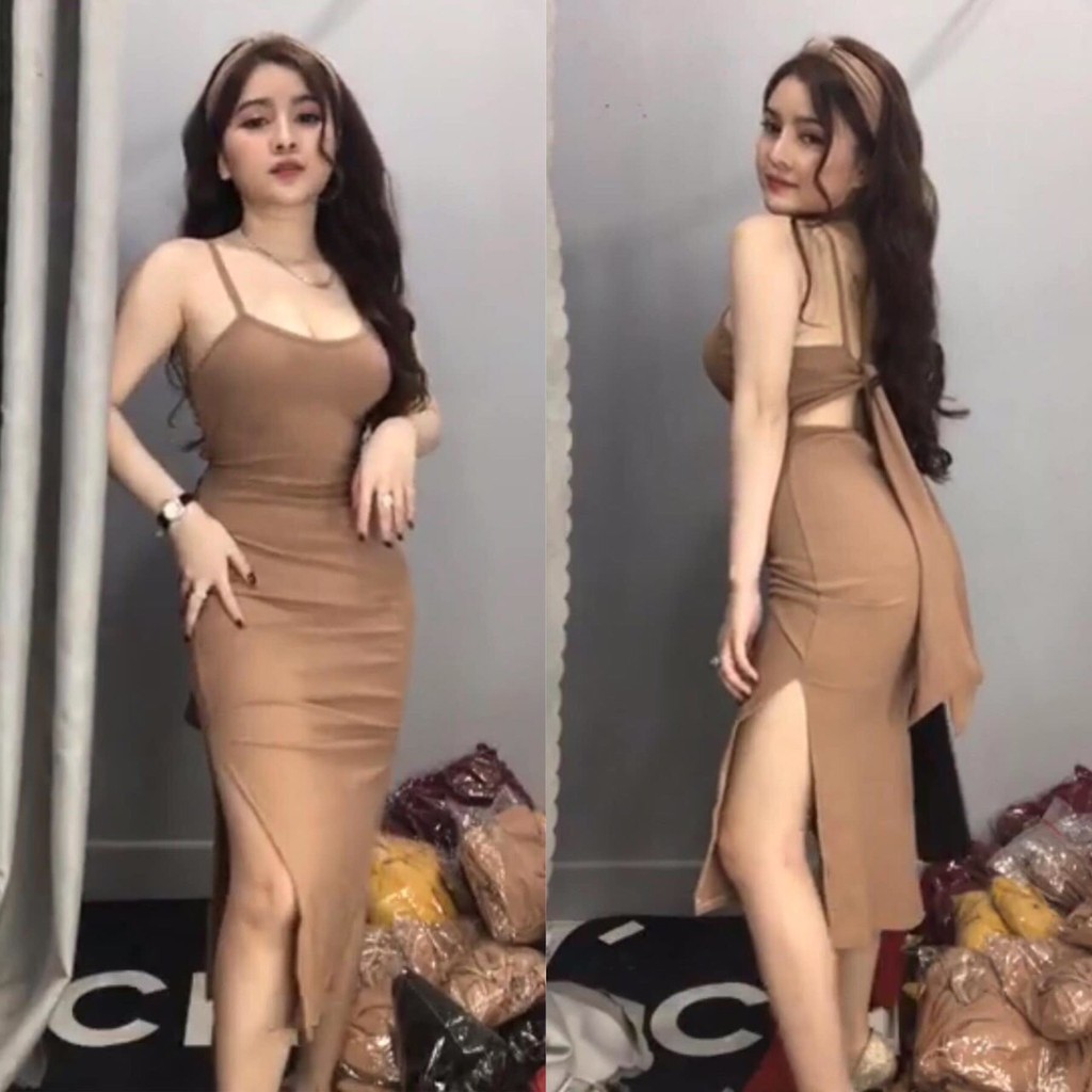 Đầm 2 dây trơn ôm body chất thun đẹp phối buộc nơ lưng xinh xắn
