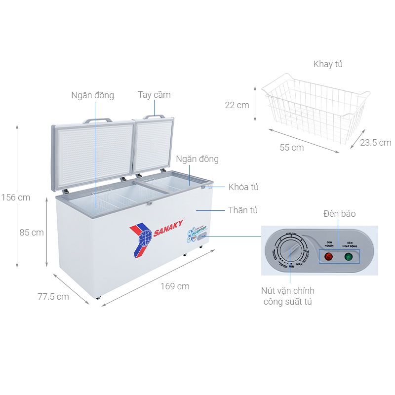 Tủ đông Inveter SANAKY 530 lít VH-6699HY3 - 1 NGĂN 2 CÁNH, DÀN LẠNH ĐỒNG, MIỄN PHÍ GIAO HÀNG HCM.