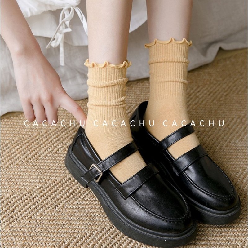 Tất vớ nữ cute cổ cao nhún bèo cute trắng dài hàn quốc phong cách vintage dễ thương giá rẻ CACACHU L07-1