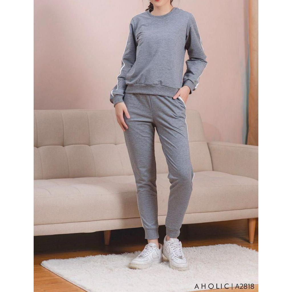Set nỉ da cá 2 màu phối vạch basic Aholic A2818