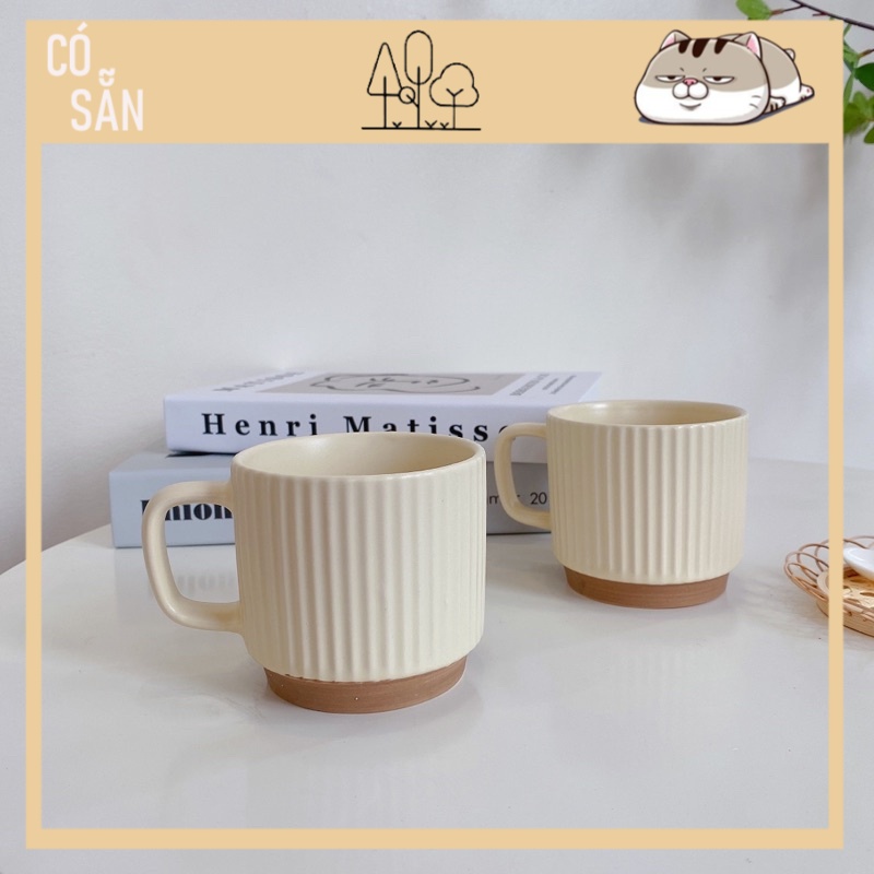 Cốc gốm vân sọc đế nâu có quai thiết kế phong cách tối giản, tặng kèm thìa sứ – B.Decor