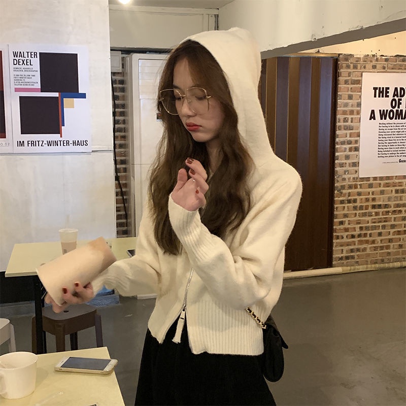 Áo Khoác cardigan Dệt Kim Màu Trơn Có Mũ Phối Khóa Kéo Thời Trang Hàn Quốc