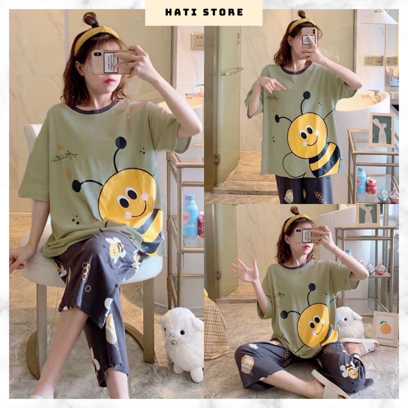 Set Đồ Bộ Nữ Mặc Nhà in hình chú ong, 3D Set quần ống rộng áo thun NA50