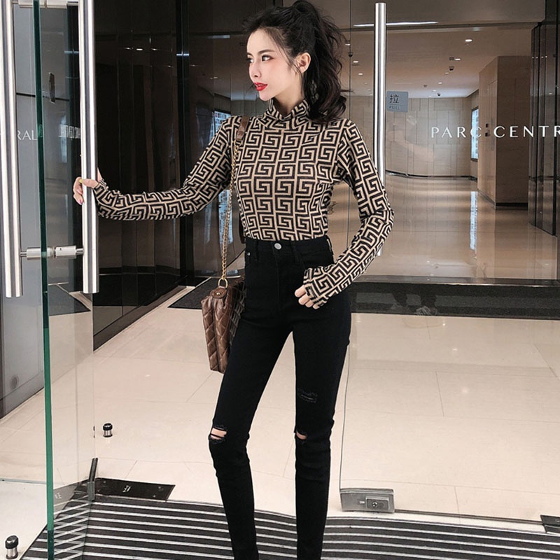 Áo Thun Dài Tay Ôm Dáng Họa Tiết Da Báo Cổ Cao Xinh Xắn Phong Cách Hàn Quốc