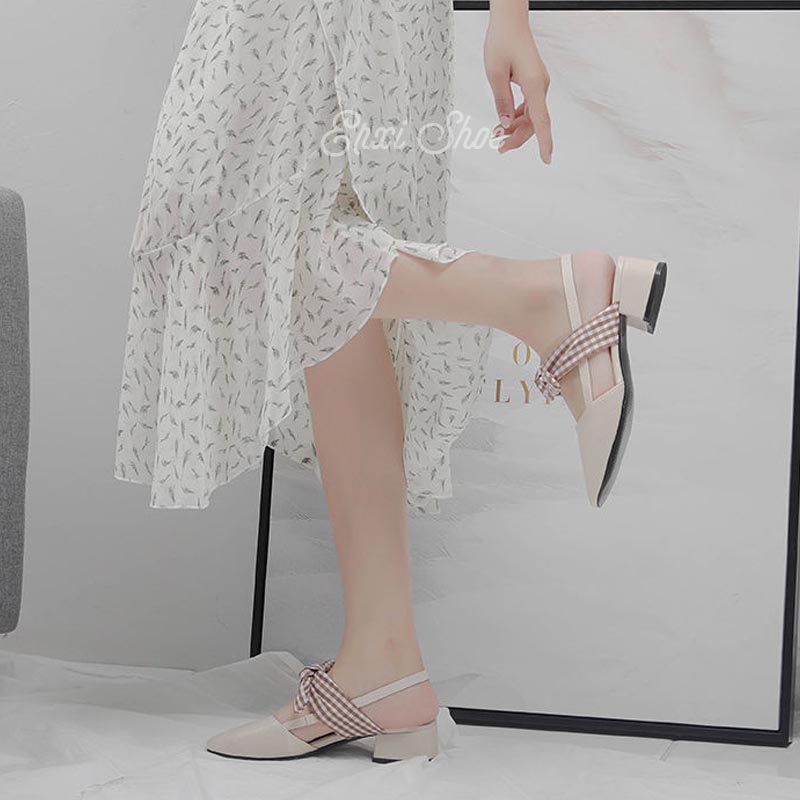 Giày Cao Gót Kẻ Sọc Đính Nơ Dễ Thương Cho Nữ