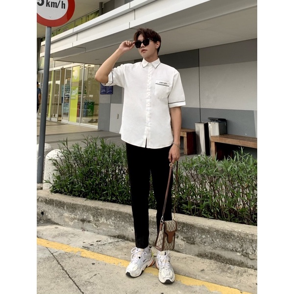 Áo sơmi tay lỡ unisex JAYST màu Đen/Trắng/Mint logo thêu  Nam nữ unisex  Áo Sơ Mi form rộng style Ulzzang
