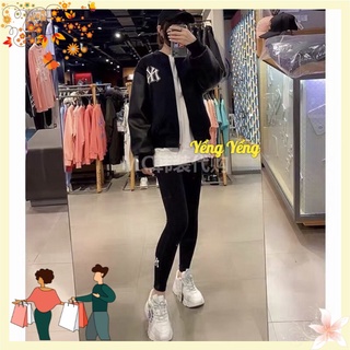 Anu503 - áo khoác nỉ bomber nữ đen phối tay da niy