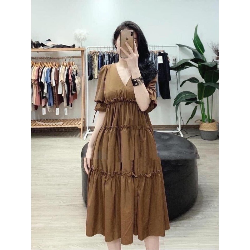 váy cổ v 3 tầng
