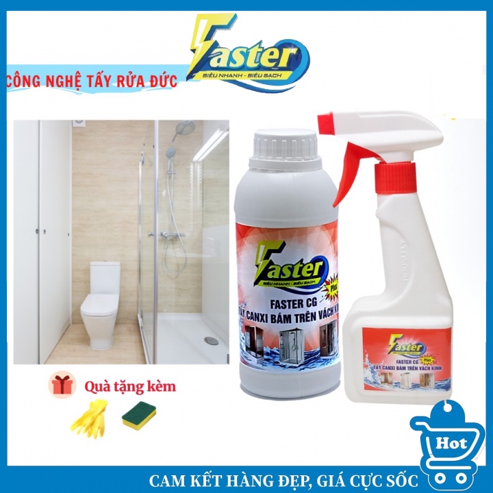 Nước Tẩy Cặn Canxi Trên Kính Nhà Tắm, Vệ Sinh Gương Nhà Tắm Bị Ố Mờ Faster CG Plus 500ml + 350ml