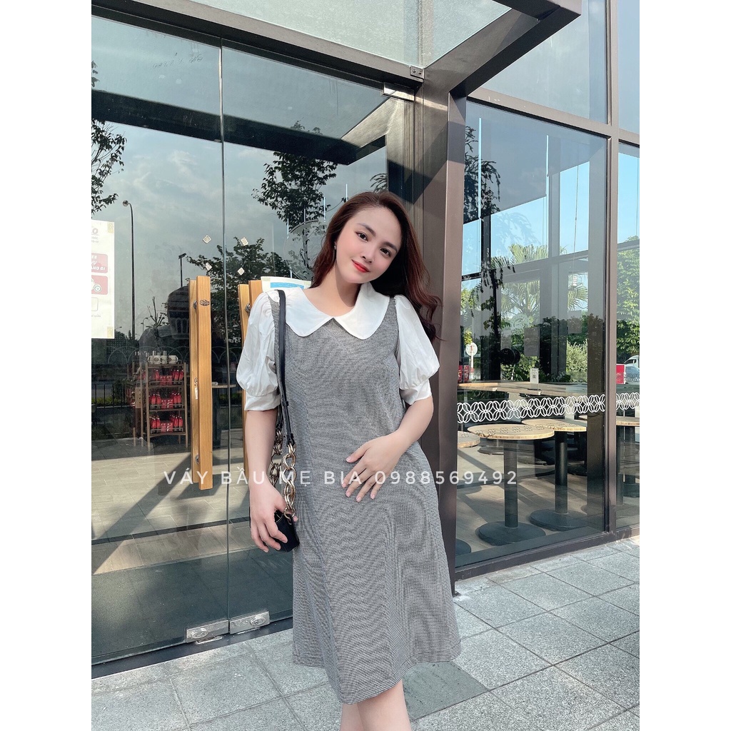 Đầm Bầu Công Sở -Váy Bầu GUME karo đen trắng chất thô cotton họa tiết cổ sen tay bồng size 40-100kg MB 264 - ảnh thật