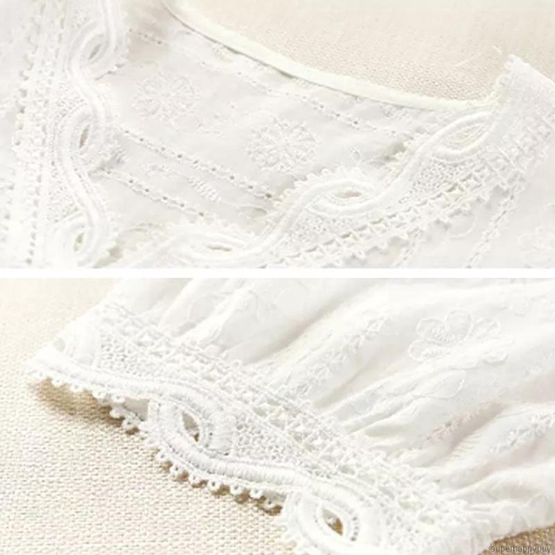 Áo kiểu phối ren rỗng cổ chữ V màu trắng ngọt ngào cho nữ | BigBuy360 - bigbuy360.vn