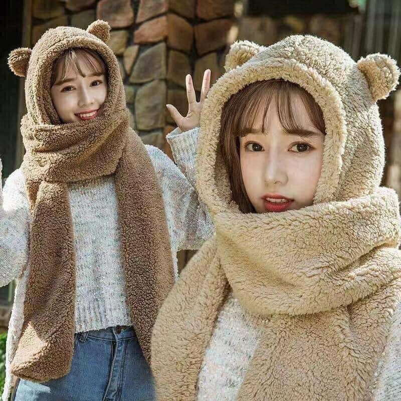 Mũ lông cừu tai gấu kèm khăn quàng cổ và găng tay ấm áp phong cách Hàn Quốc cho nữ mùa thu đông