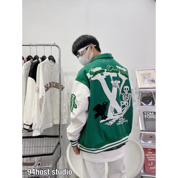 VARSITY JACKET BOMBER VL - Áo khoác nỉ lót bông LV Xanh Lá Siêu Hot