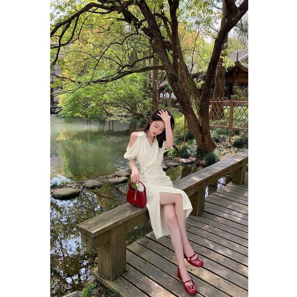 Đầm dài trung bình cổ chữ V thiết kế ôm eo phong cách Pháp thời trang mùa hè cho nữ