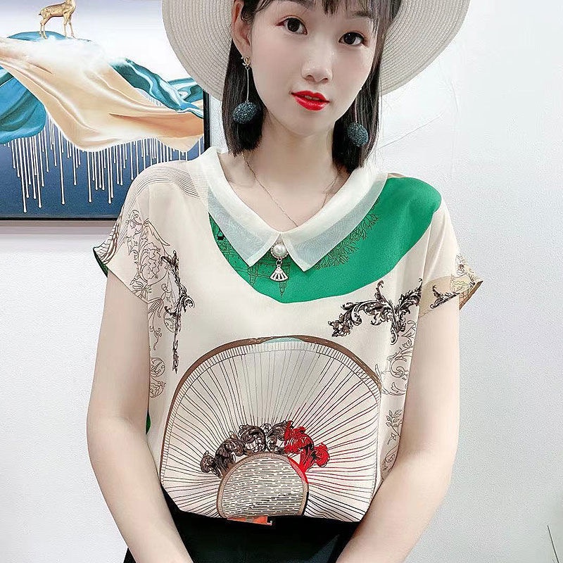 Áo Thun Lụa satin Mềm Mại Cao Cấp Tay Ngắn Dáng Rộng Cổ Búp Bê Phong Cách Phương Tây Thời Trang Mùa Hè Dành Cho Nữ 2021