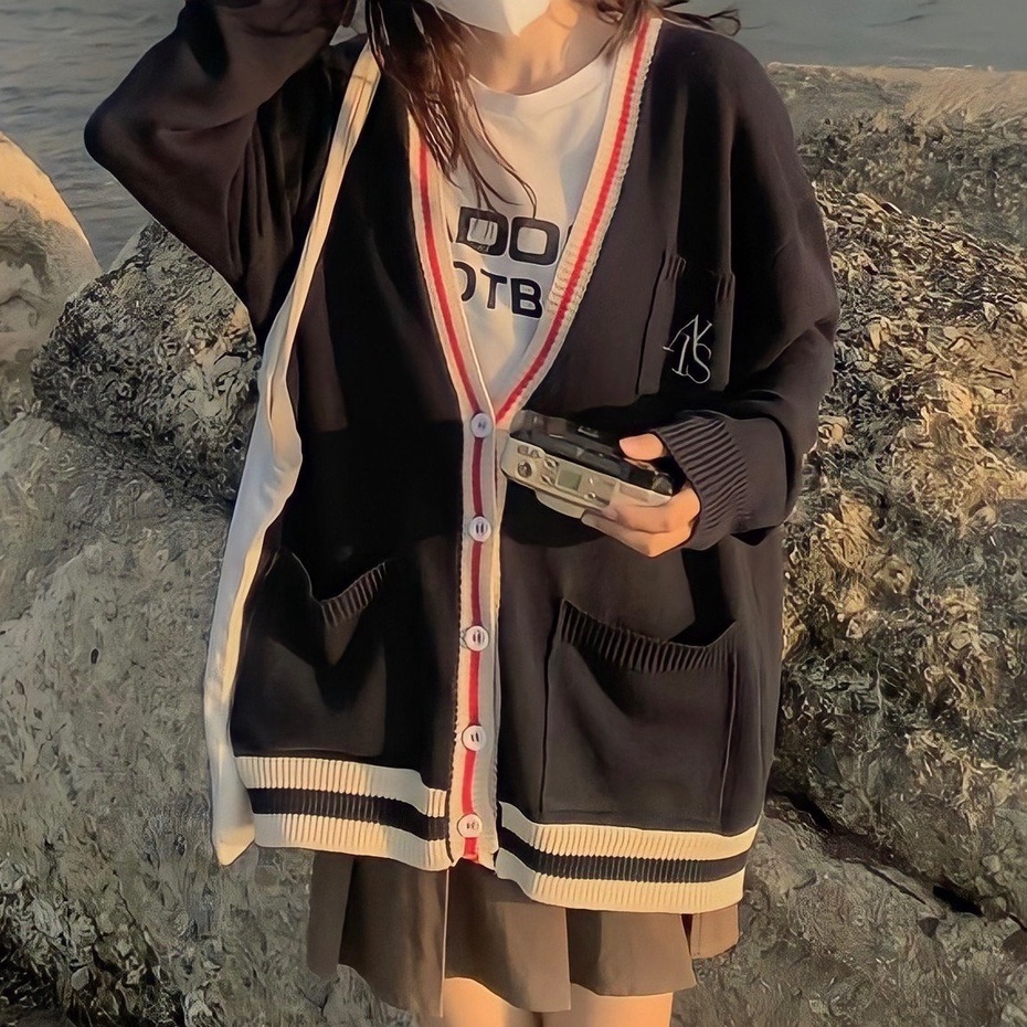 Happy-store ❤️ Cardigan len nữ dài tay dễ thương, áo len hàn quốc in AIS có,túi bo ngực happy store8668