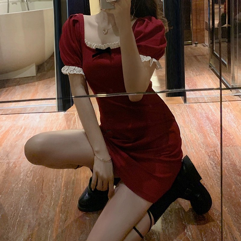 Đầm tay phồng phối ren màu trơn phong cách retro Hàn Quốc cho nữ