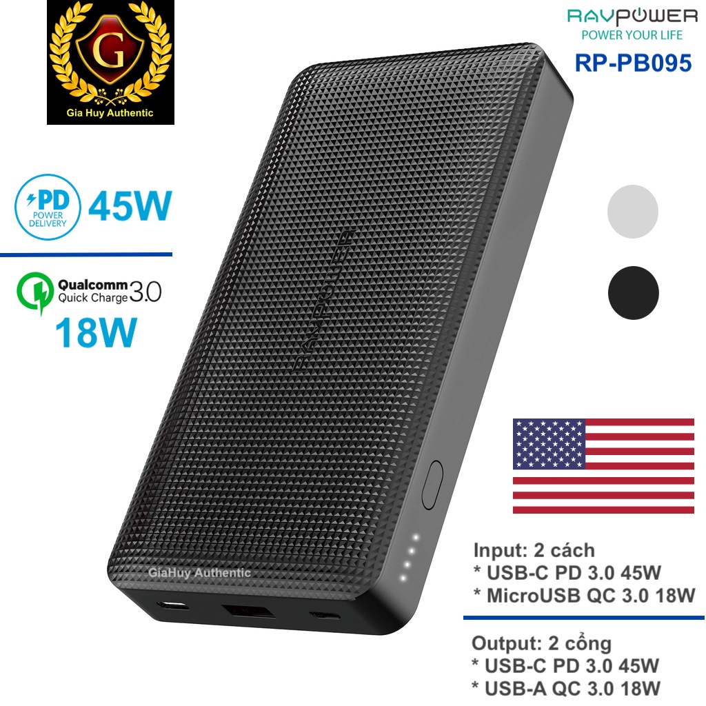 Pin sạc dự phòng RAVPOWER RP-PB095 20100mAh PD 3.0 45W & QC 3.0 18W