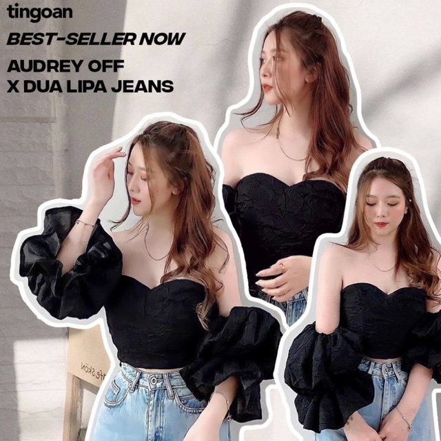 [Mã WABRTN02 giảm 10% ]Áo trễ vai vân gấm tay rời bồng chun co giãn đen Tingoan AUDREY OFF/BL