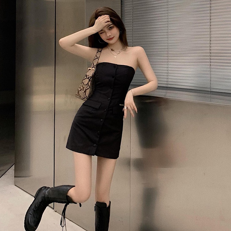 IELGY Đầm Ống Mỏng Không Tay Một Hàng Nút Thời Trang Sành Điệu Cho Nữ