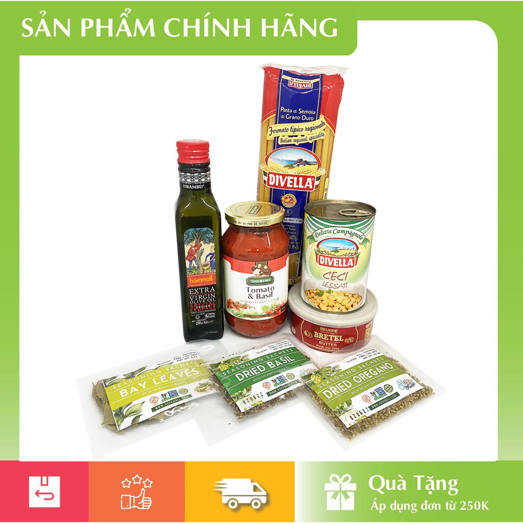 [HÀNG CHÍNH HÃNG] Combo Vào Bếp (Dầu Oliu, Sốt Cà Chua, Bơ Bretel, Đậu Gà Lon, Mì Số 12, Lá Nguyệt Quế, Basil, Oregano)