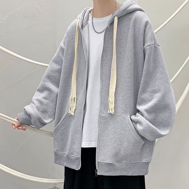 Áo Khoác Cardigan Màu Trơn Dáng Rộng Có Mũ Trùm Phối Dây Rút Thời Trang Hàn Quốc Cho Nam