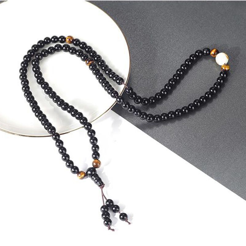 Vòng tay chuỗi 108 hạt đá obsidian màu đen hỗ trợ giấc ngủ tiện dụng