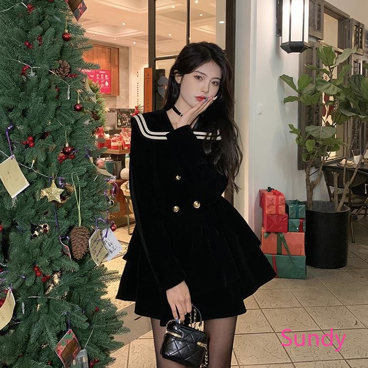 Plus Đầm Tay Dài Cổ Thủy Thủ Thời Trang Xuân Thu Cho Nữ