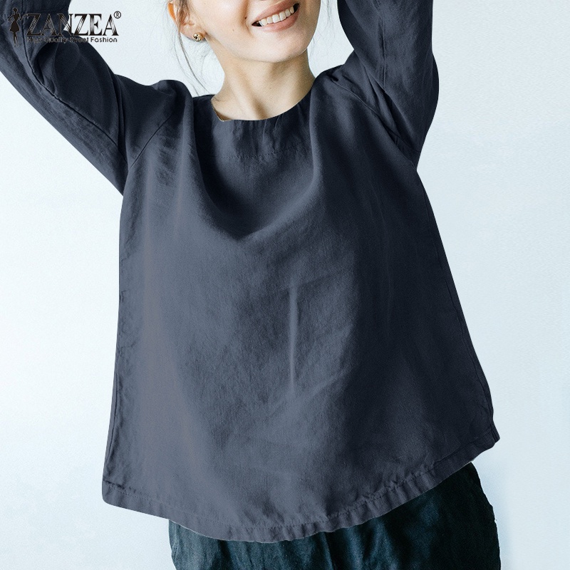ZANZEA Áo Sơ Mi Cotton Tay Lỡ 3/4 Màu Trơn Cổ Tròn Thời Trang Dành Cho Nữ