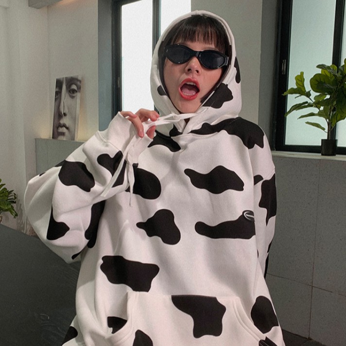 Áo Hoodies Tay Dài Họa Tiết Bò Sữa Phong Cách Hàn Quốc