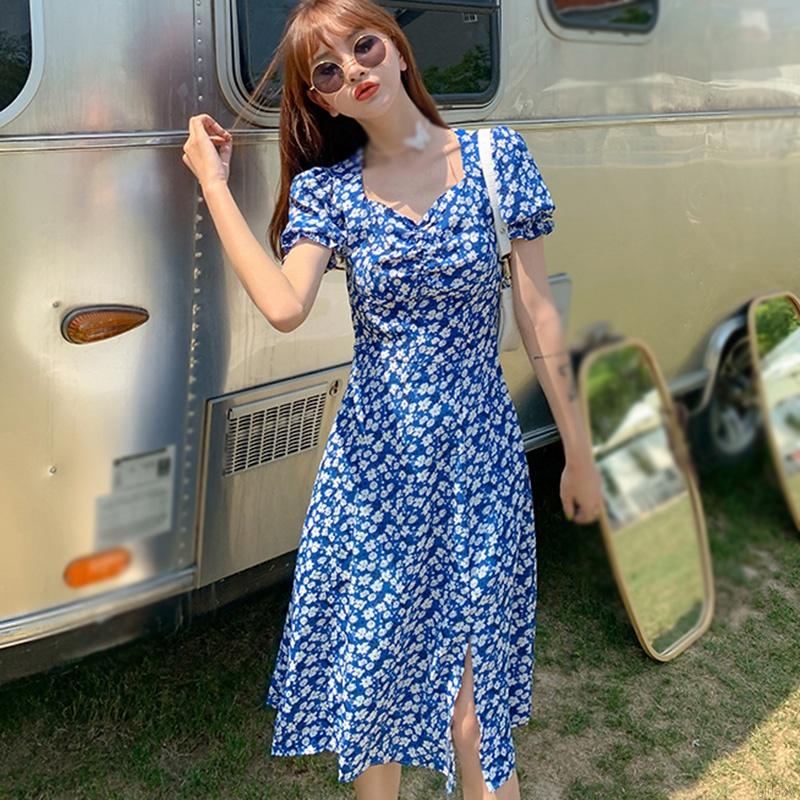 Đầm Nữ Dài Tay Cổ Chữ V In Hoa Thời Trang Hàn