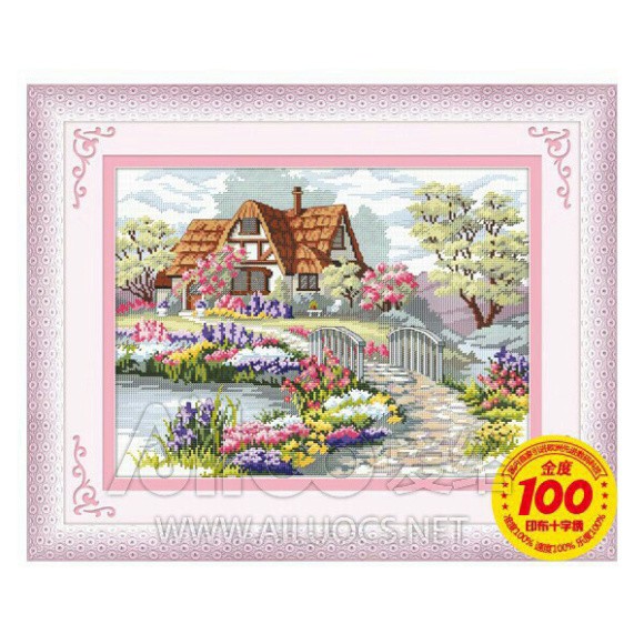 Tranh Thêu Chữ Thập Ngôi Nhà Mùa Xuân - Bên Suối < 22018 > 45x35cm> Chưa Thêu