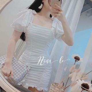 Đầm tay phồng nhún eo