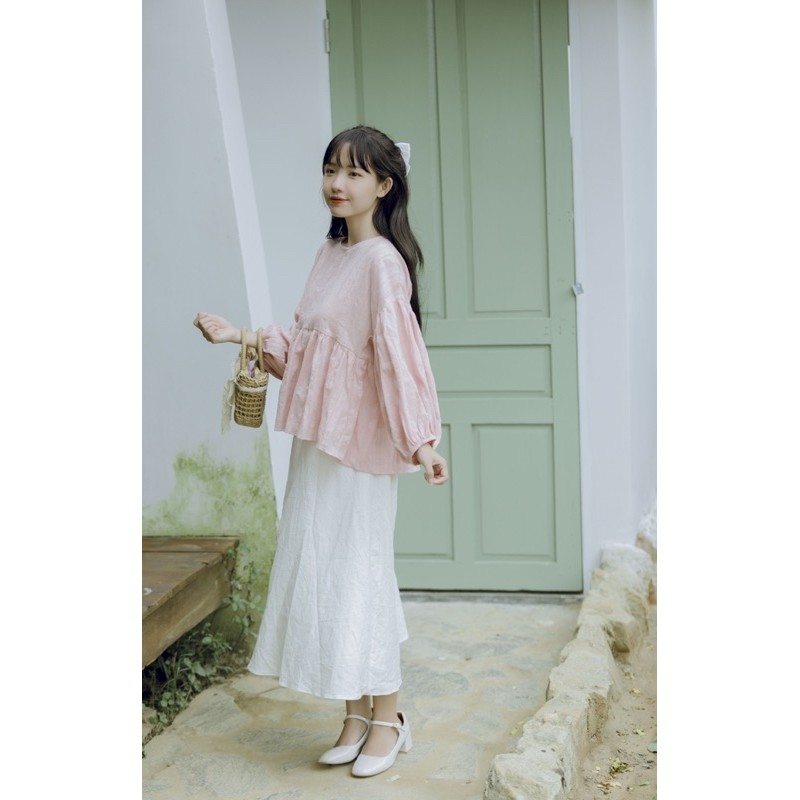 Áo babydoll tay phồng - Đậu hồng