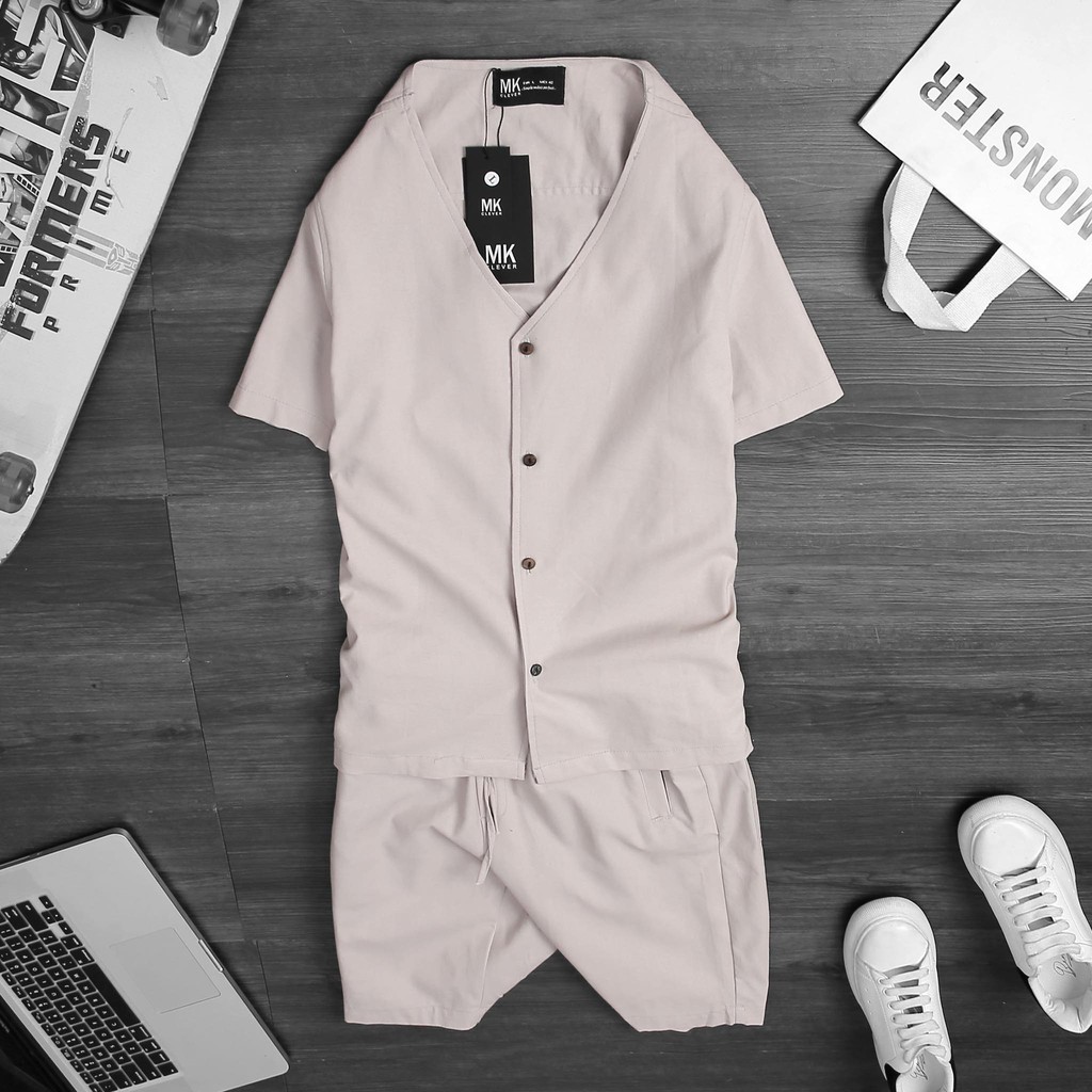 Bộ quần áo nam cotton 3 màu trẻ trung, thiết kế cổ chữ V cá tính, khoẻ khoắn | BigBuy360 - bigbuy360.vn