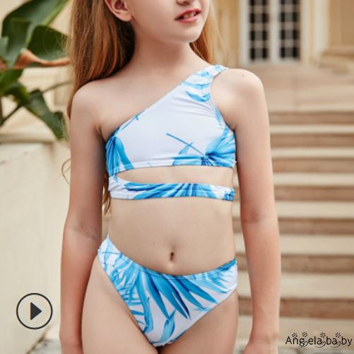 Set đồ bơi áo croptop không tay màu xanh dương + quần short cho bé gái 6-13 tuổi