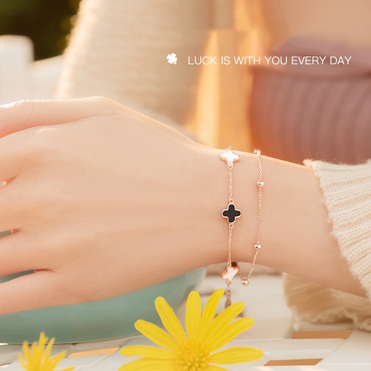 Lắc Tay Bạc Nữ hình Cỏ Bốn Lá Hai Dây - Vòng tay Bạc tự thiết kế của Sterling M.Lady Jewelry