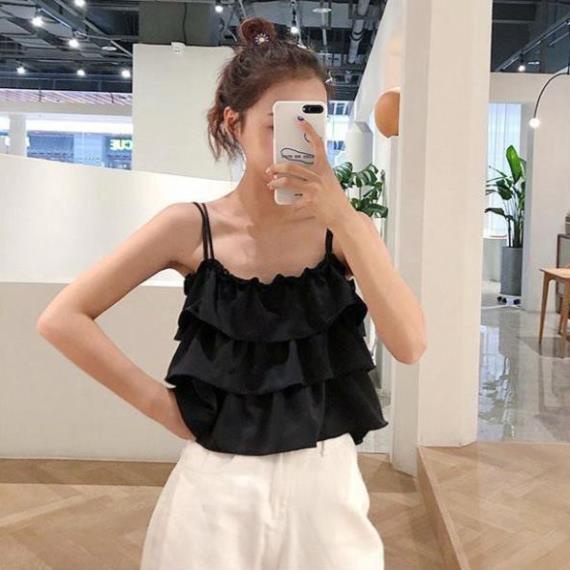 Áo 2 Dây Tầng Bồng , ? Vyvystore<FREESHIP>?,Croptop Kiểu Bánh Bèo Tiểu Thư, Áo 2 Màu TRẮNG ĐEN