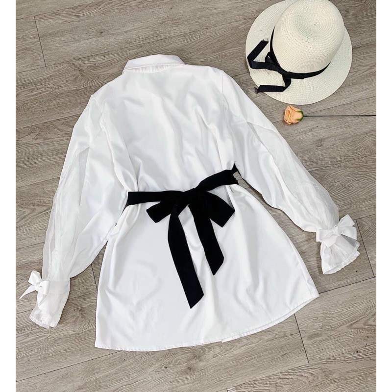 ÁO SƠMI GIẤU QUẦN LIỀN DOUBLE SHIRT DÁNG DÀi TAY ĐẮP CHÉO CỘT NƠ ĐEN PHÍA SAU | BigBuy360 - bigbuy360.vn