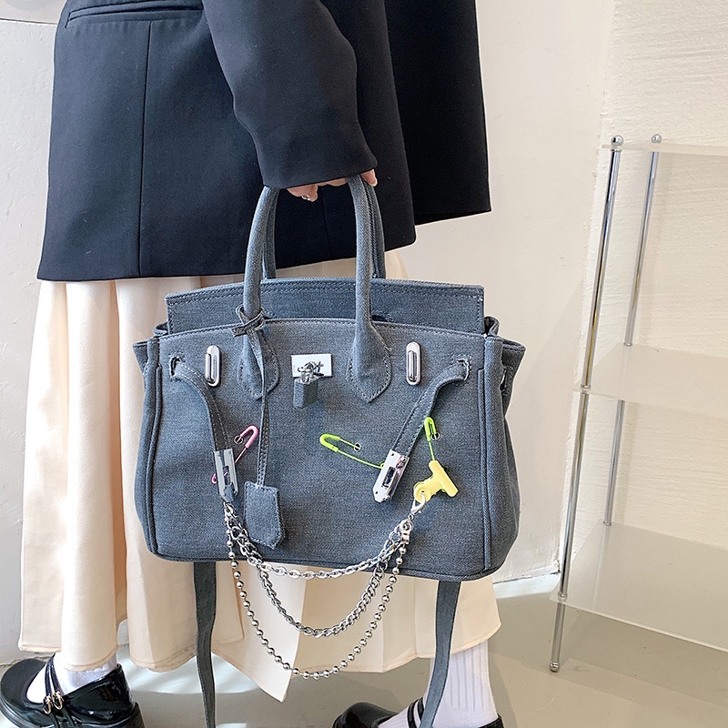 Túi Xách Tay Bằng Vải Canvas Phối denim Thời Trang Dành Cho Nữ