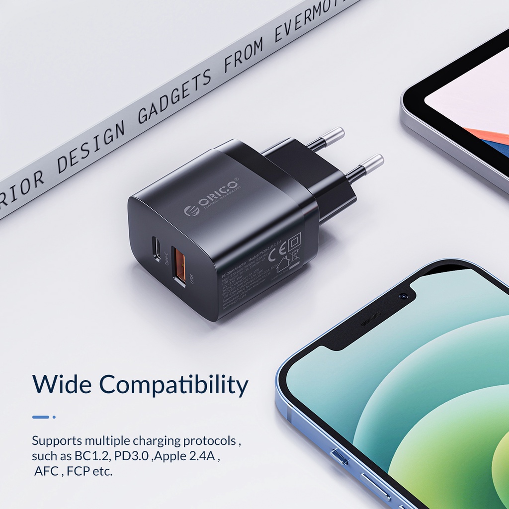 Củ Sạc Nhanh Orico (PV20-1U1C) 20W QC 3.0 Cổng EU Hỗ Trợ Sạc Nhanh 2 cổng Type-C - Hàng Chính Hãng
