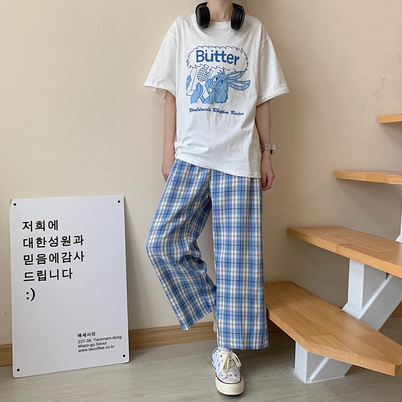 SUXI Quần Dài Nữ Ống Rộng Họa Tiết Caro Thời Trang Cá Tính