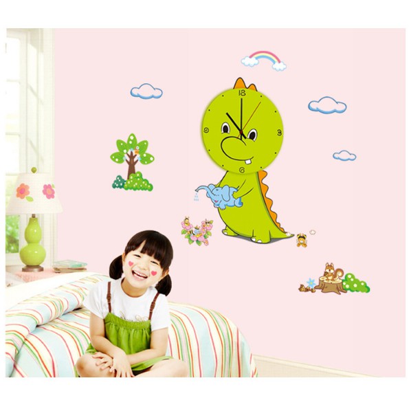 Decal Trang Trí Tường Kèm Đồng Hồ Dán Tường KHỦNG LONG VÀNG ( Cao Cấp )