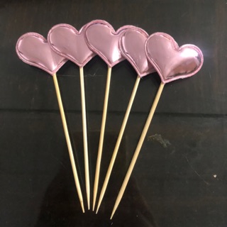 Topper trái tim hồng da phồng - Que cắm hình trái tim màu hồng da phồng 5 cái/set - Dụng cụ trang trí bánh kem