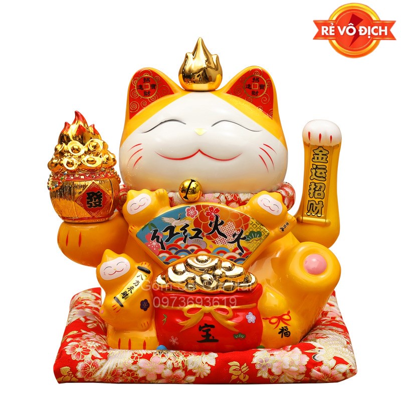 MẪU MỚI mèo thần tài vẫy tay may mắn maneki neko màu vàng hoàng kim 28cm